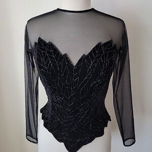 Tadashi Elegant Black velvet Sheer Top with beads mash size M whimsigoth goth